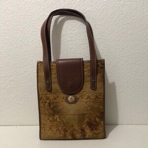 Antigua Purse Tote Bag Brown Leather Handles and Tan Embroidered Lace Body Style